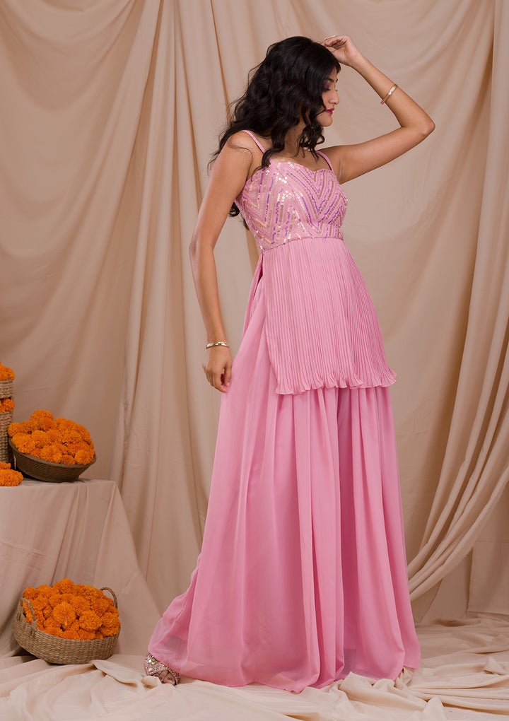 Onion Pink Sequins Georgette Readymade Salwar Suit-Koskii