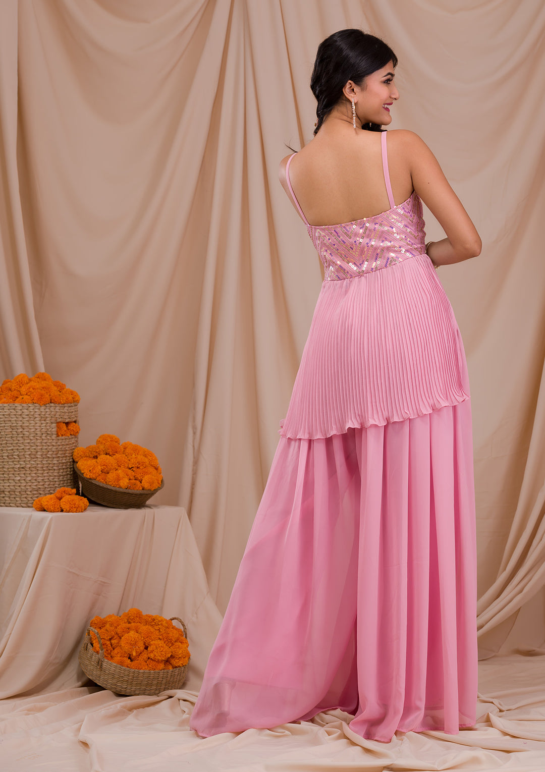 Baby Pink Sequins Georgette Readymade Sharara Suit