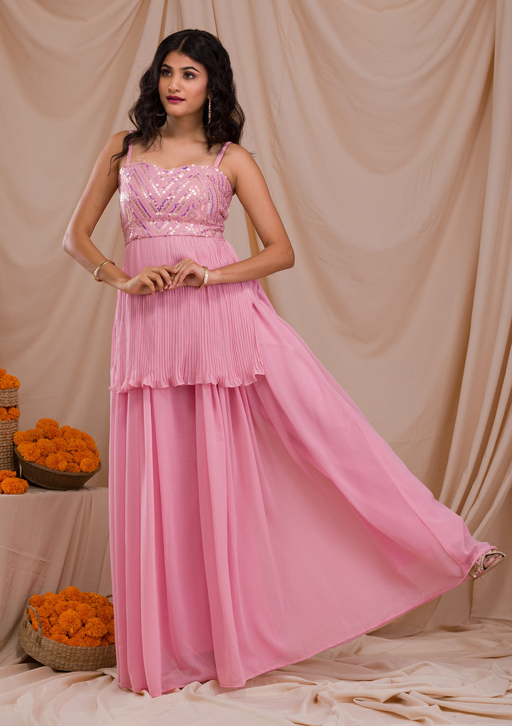Onion Pink Sequins Georgette Readymade Salwar Suit-Koskii