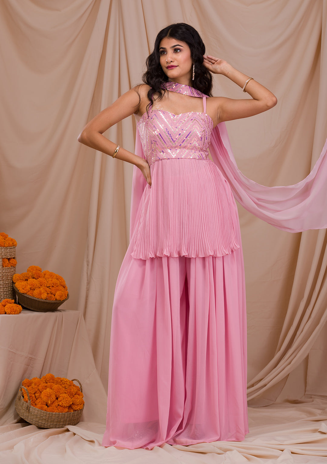Onion Pink Sequins Georgette Readymade Salwar Suit-Koskii