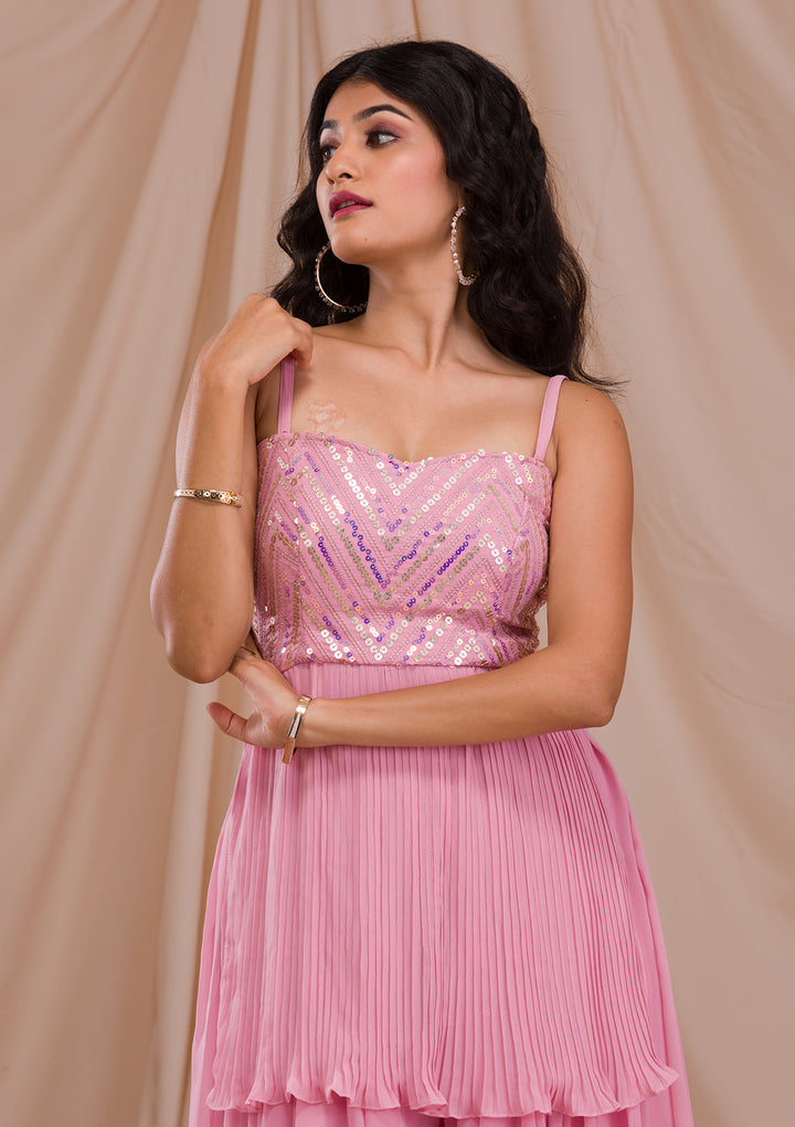 Onion Pink Sequins Georgette Readymade Salwar Suit-Koskii