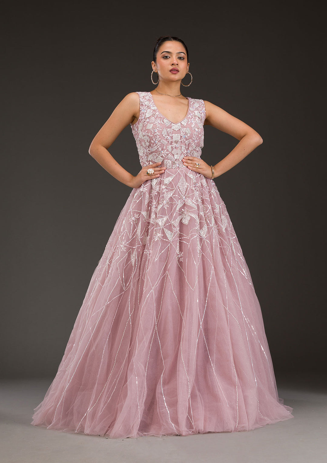 Onion Pink Sequins Net Gown