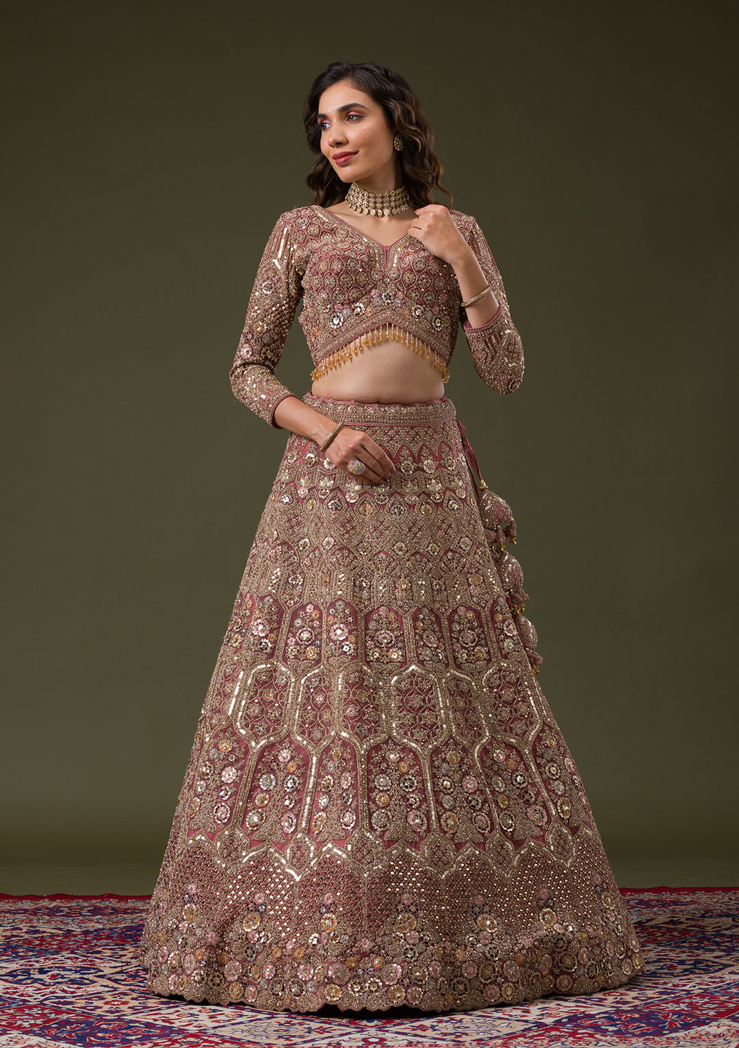 Onion Pink Sequins Net Readymade Lehenga