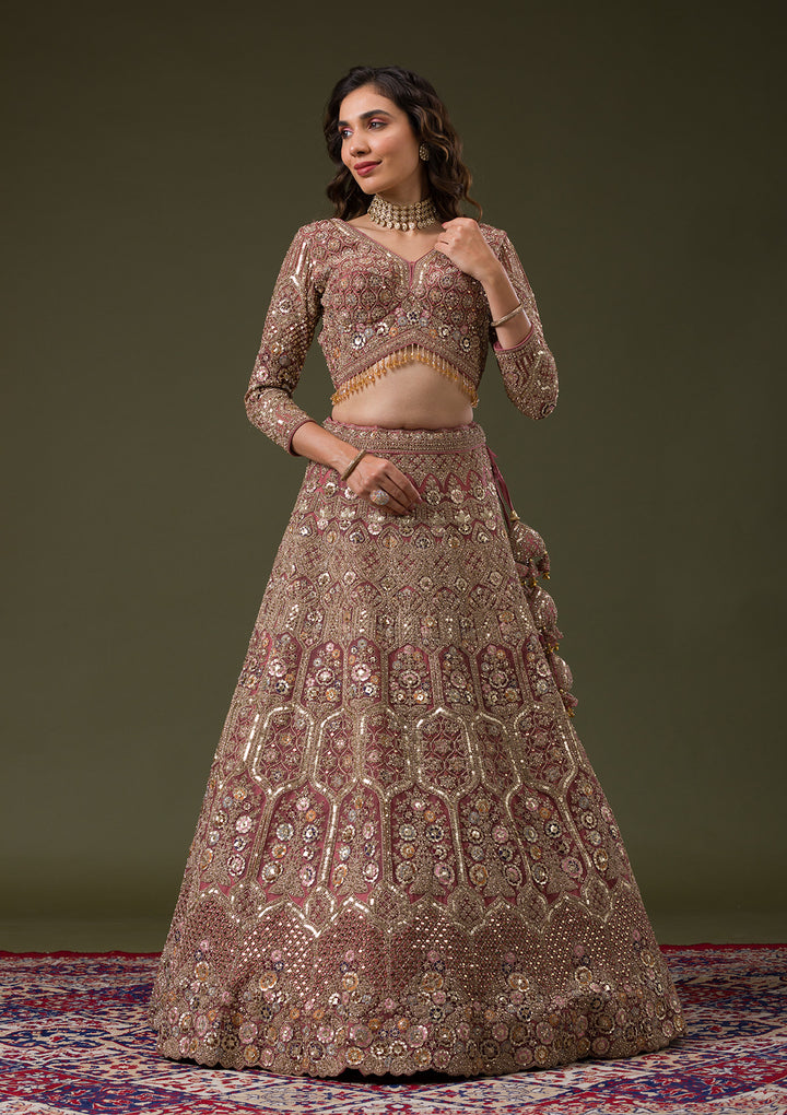 Onion Pink Sequins Net Readymade Lehenga