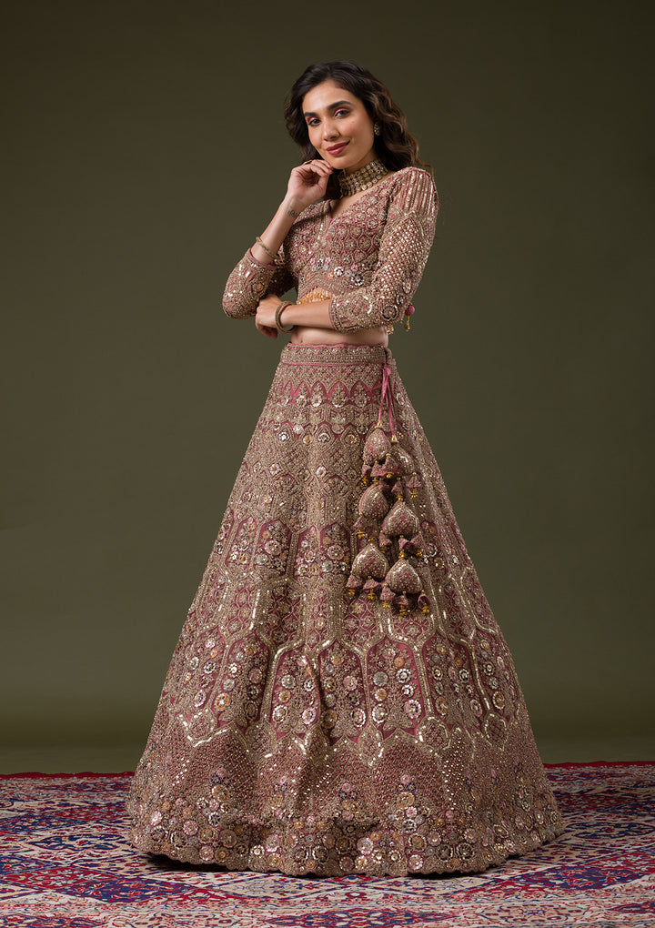 Onion Pink Sequins Net Readymade Lehenga