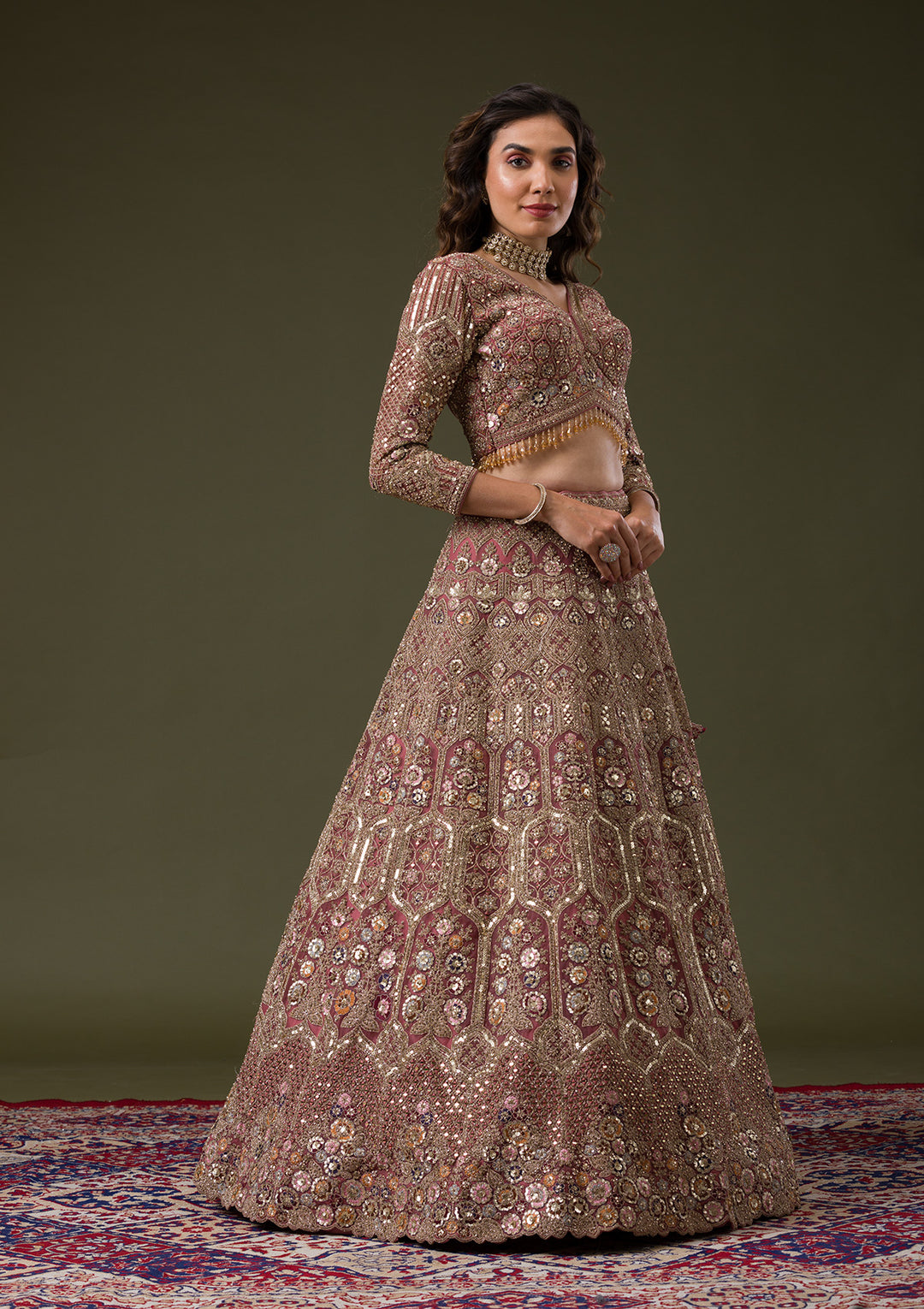 Onion Pink Sequins Net Readymade Lehenga