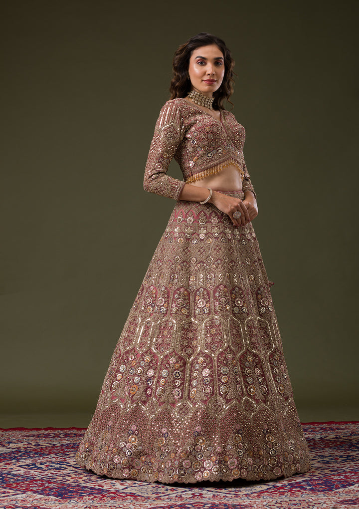 Onion Pink Sequins Net Readymade Lehenga