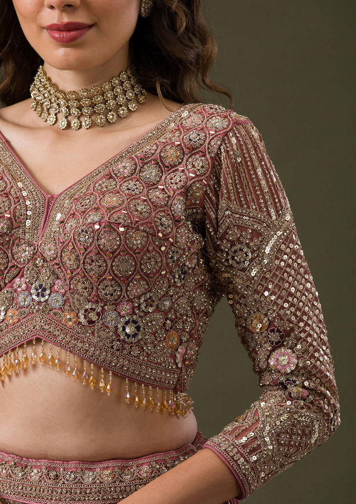 Onion Pink Sequins Net Readymade Lehenga