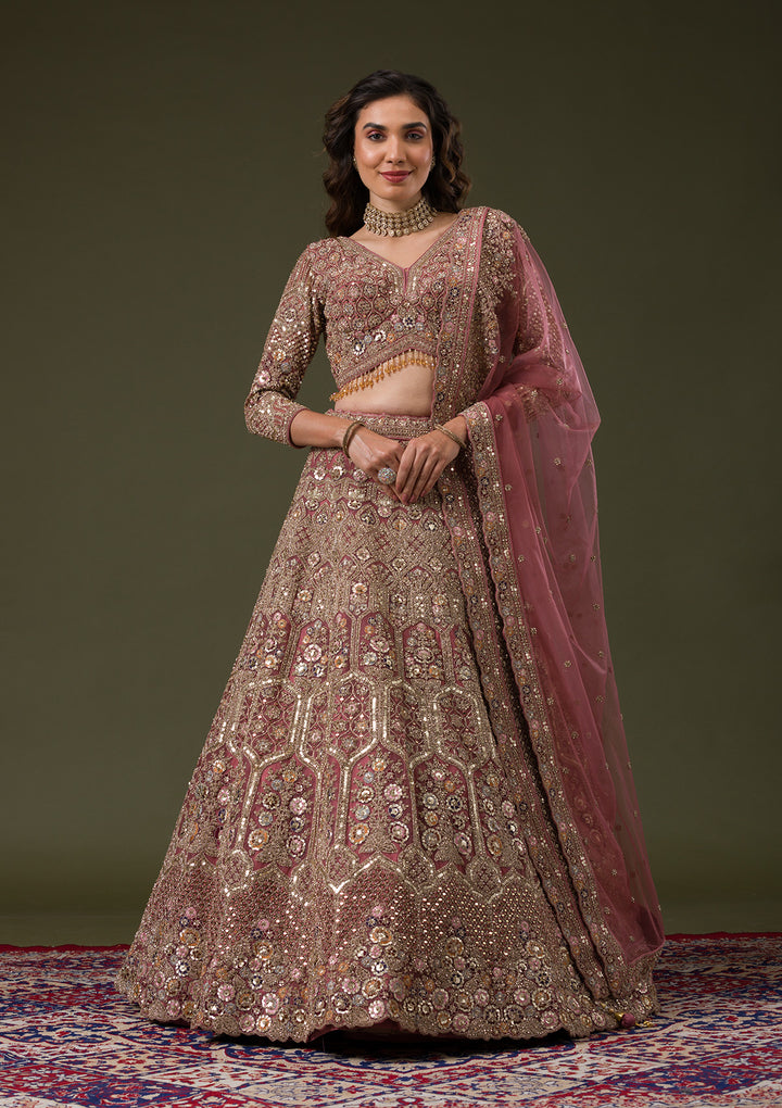 Onion Pink Sequins Net Readymade Lehenga