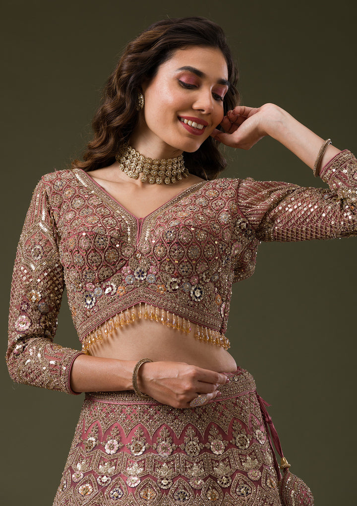 Onion Pink Sequins Net Readymade Lehenga