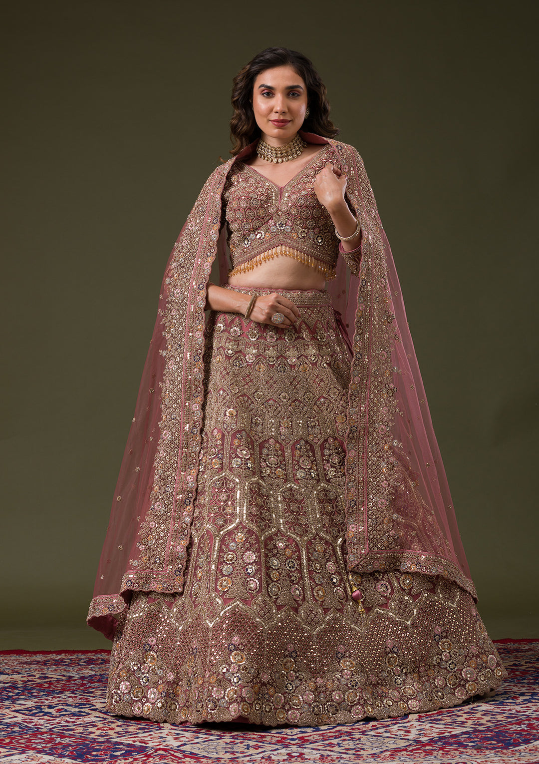 Onion Pink Sequins Net Readymade Lehenga