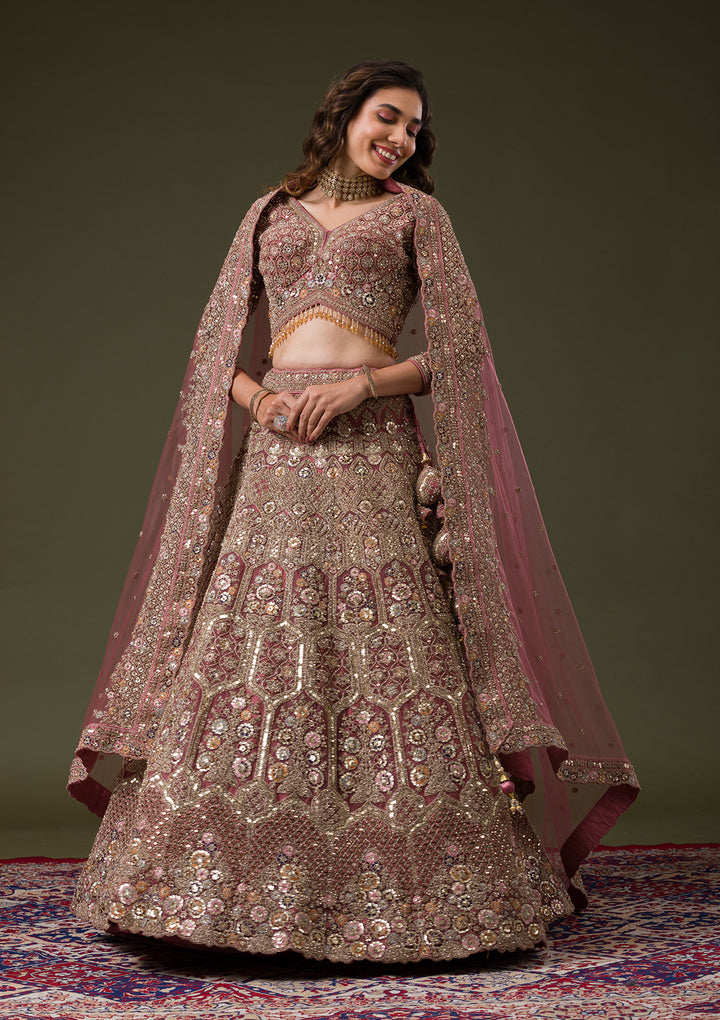 Onion Pink Sequins Net Readymade Lehenga