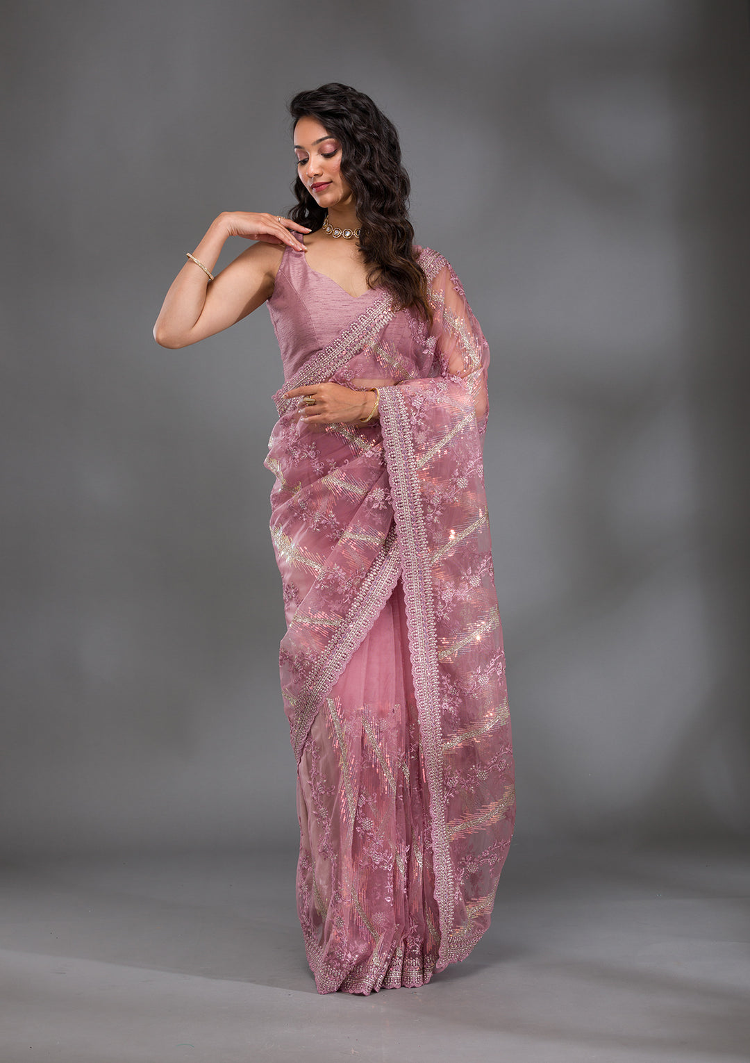 Onion Pink Sequins Net Saree