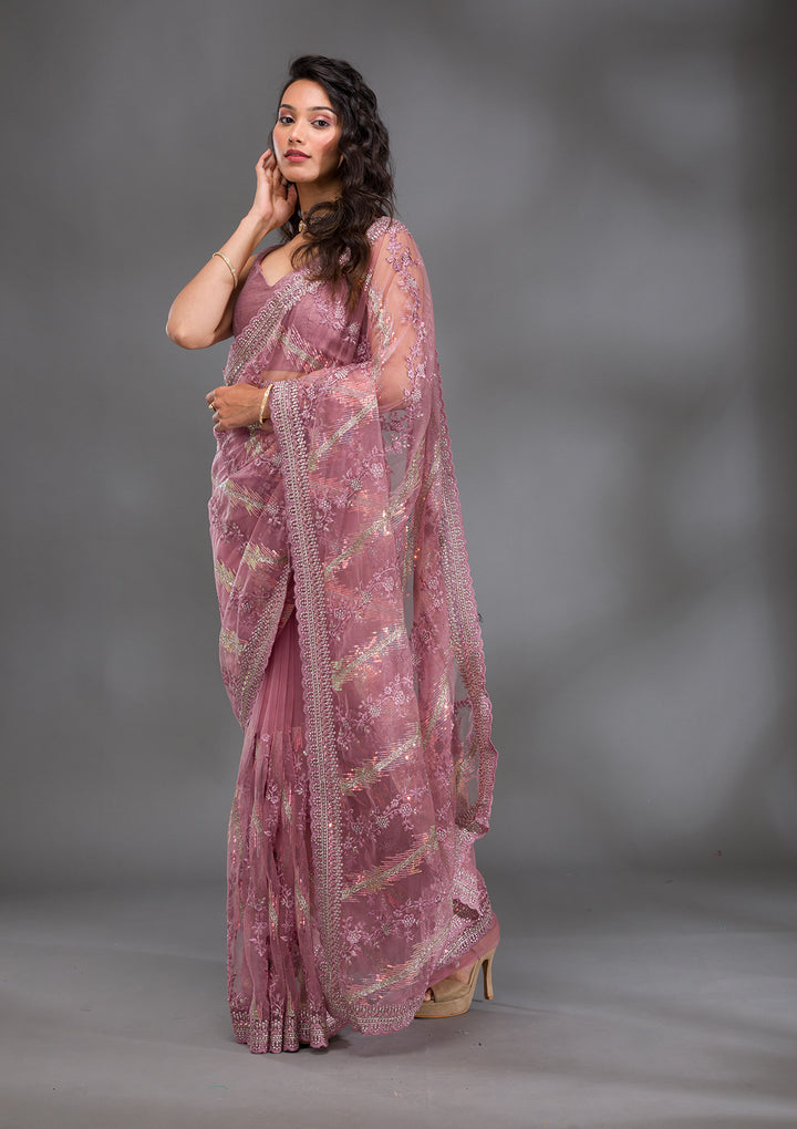 Onion Pink Sequins Net Saree