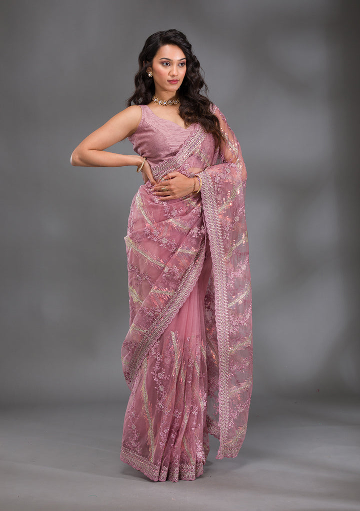 Onion Pink Sequins Net Saree