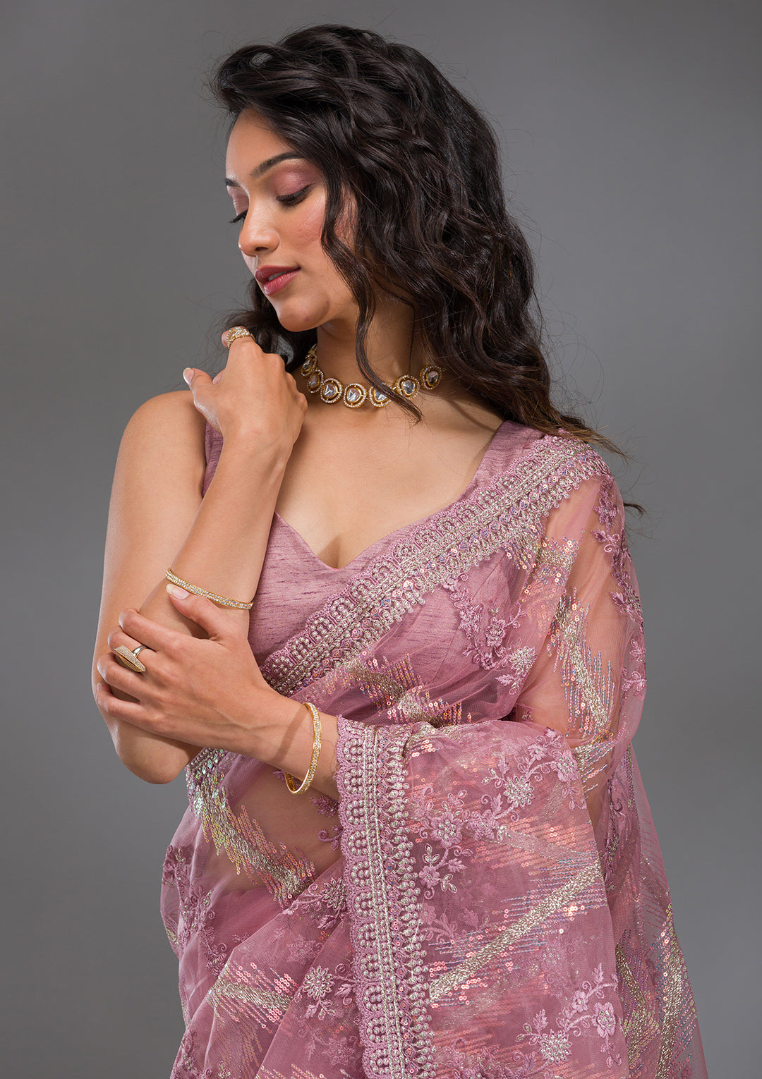 Onion Pink Sequins Net Saree