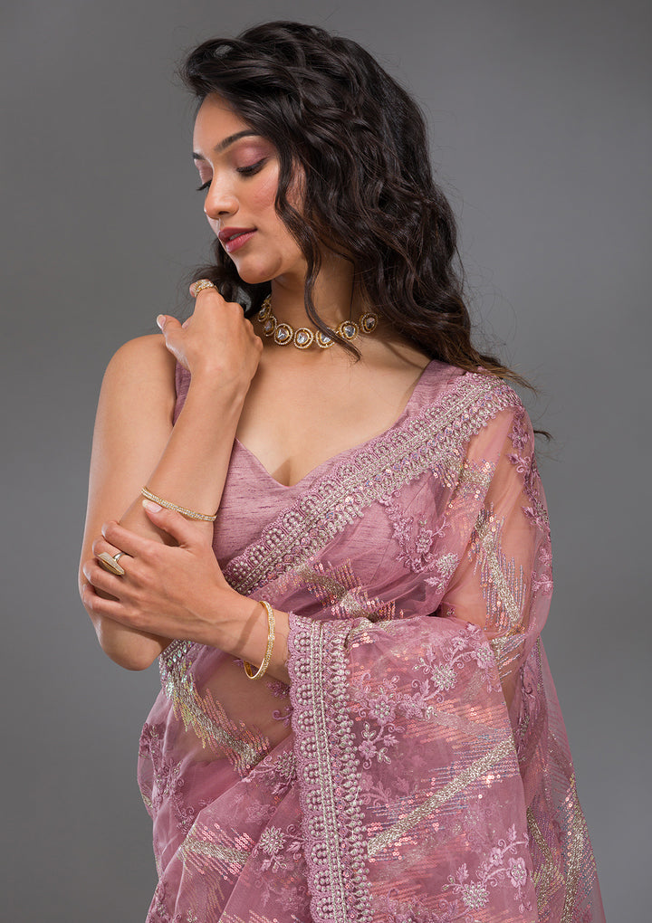 Onion Pink Sequins Net Saree
