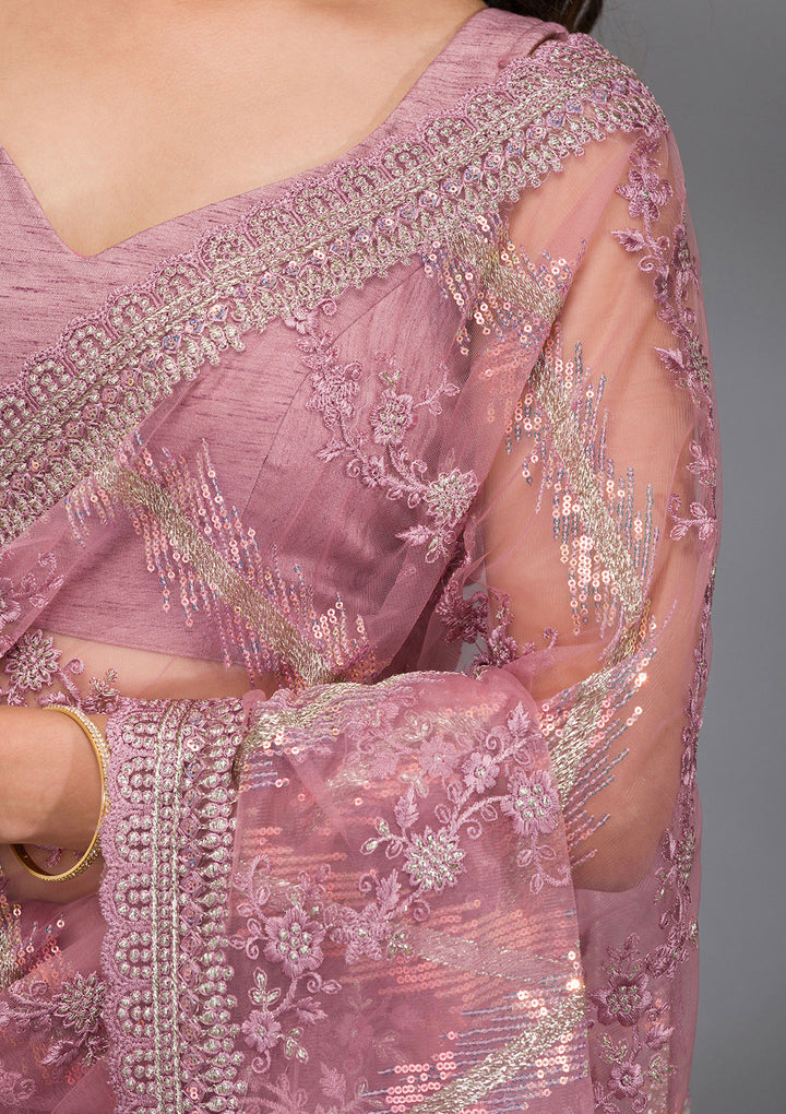 Onion Pink Sequins Net Saree