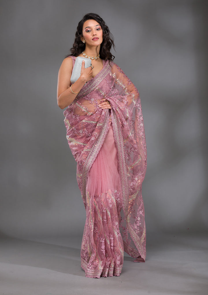 Onion Pink Sequins Net Saree