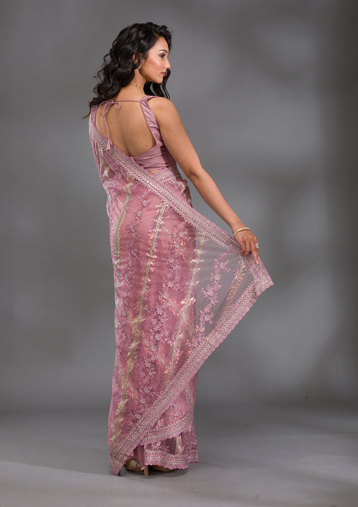 Onion Pink Sequins Net Saree