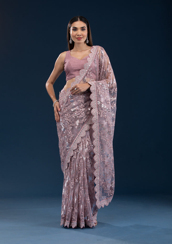 Onion Pink Sequins Net Saree