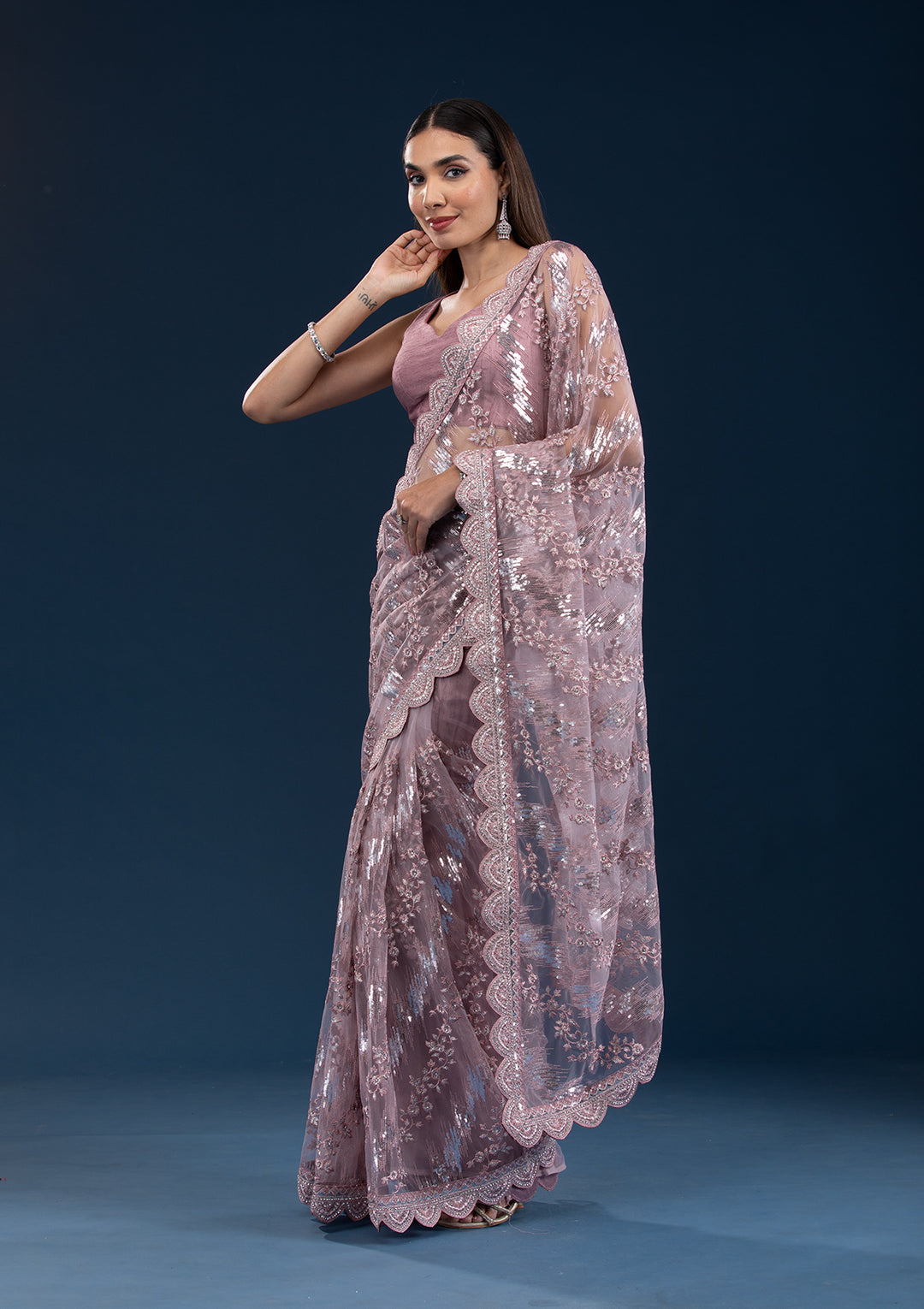Onion Pink Sequins Net Saree