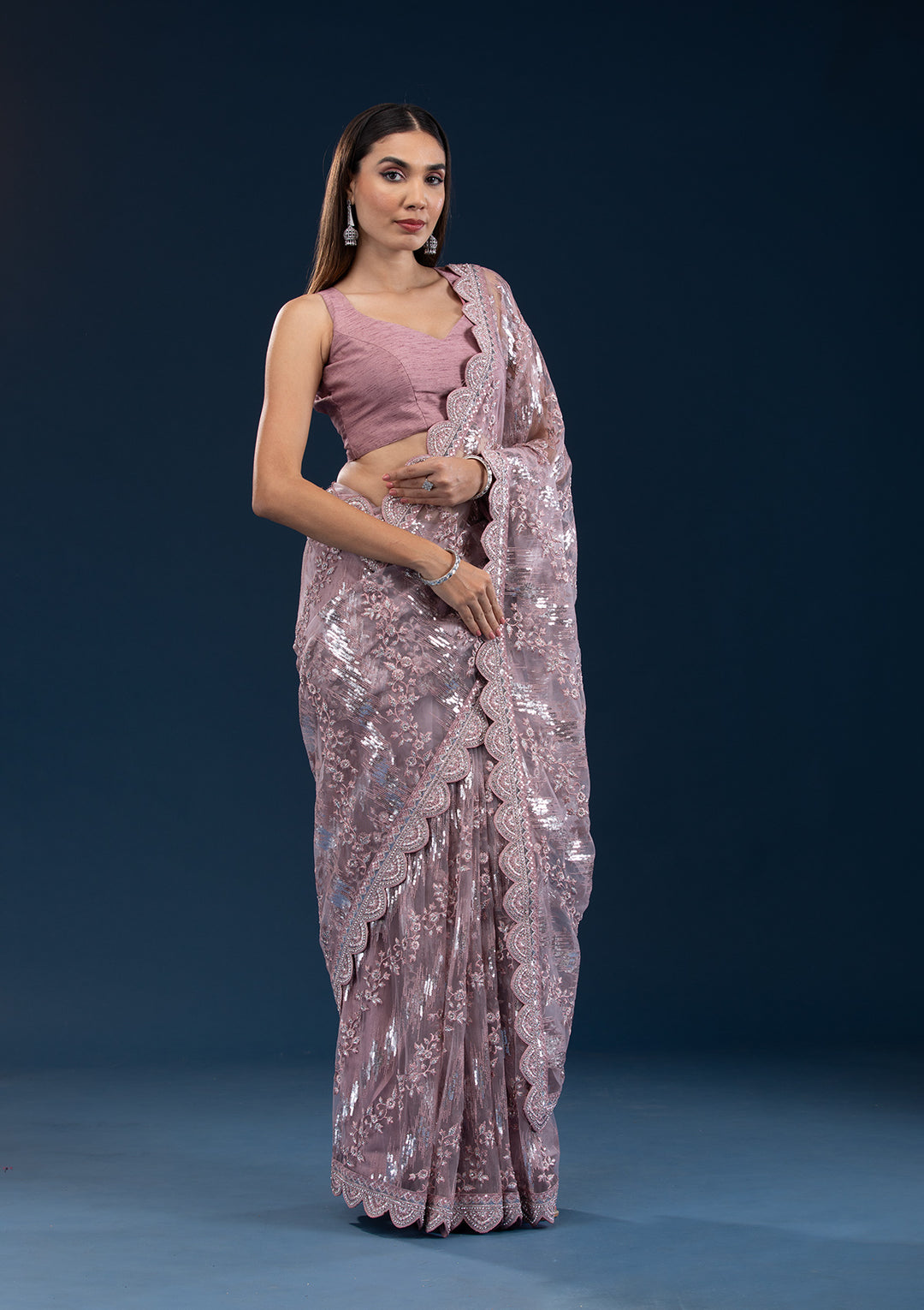 Onion Pink Sequins Net Saree