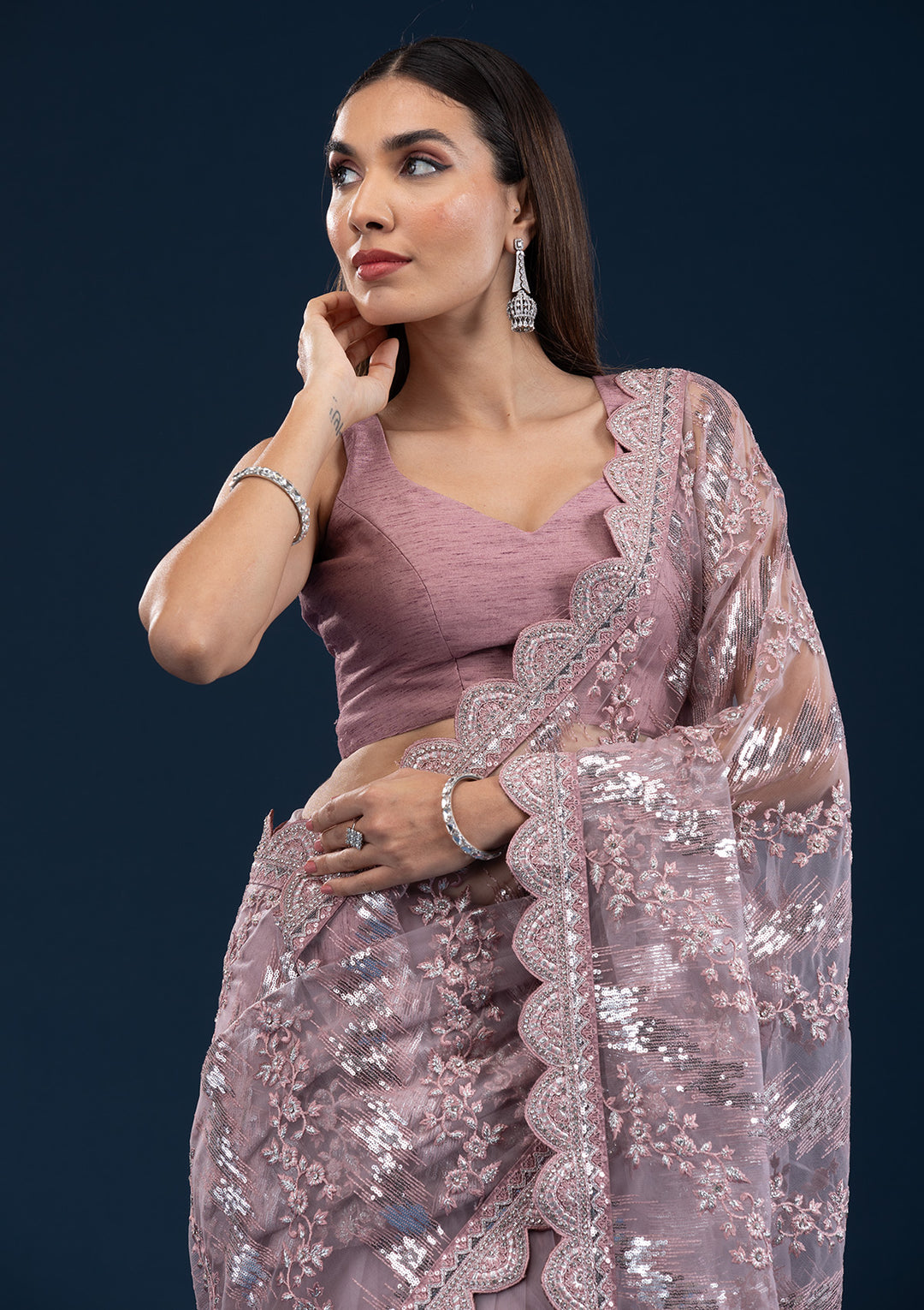 Onion Pink Sequins Net Saree