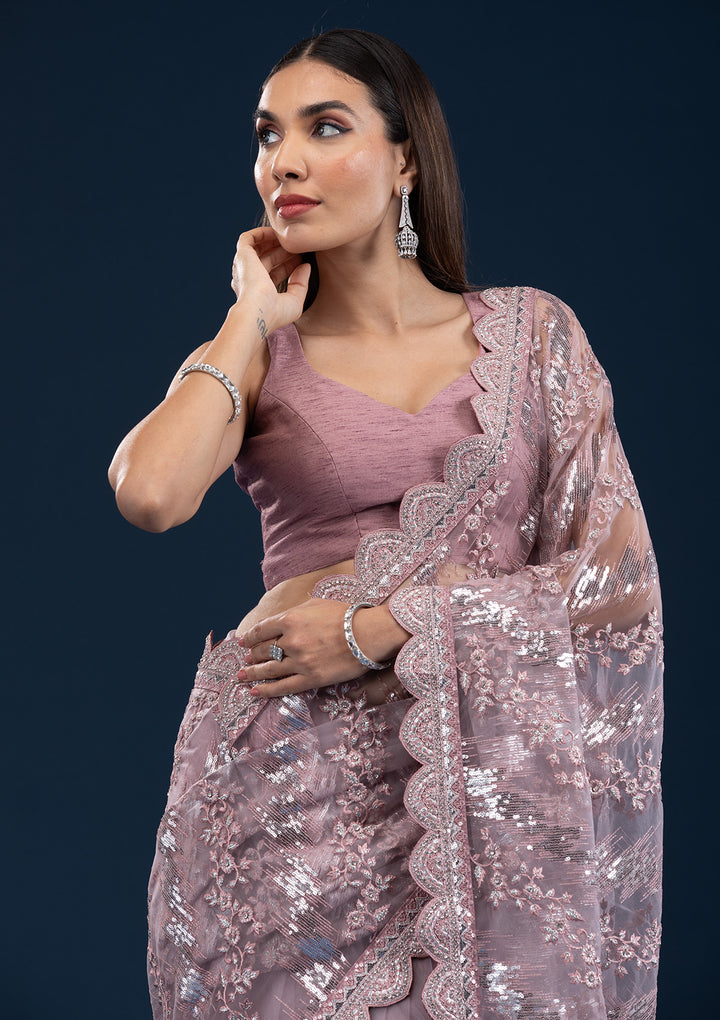 Onion Pink Sequins Net Saree