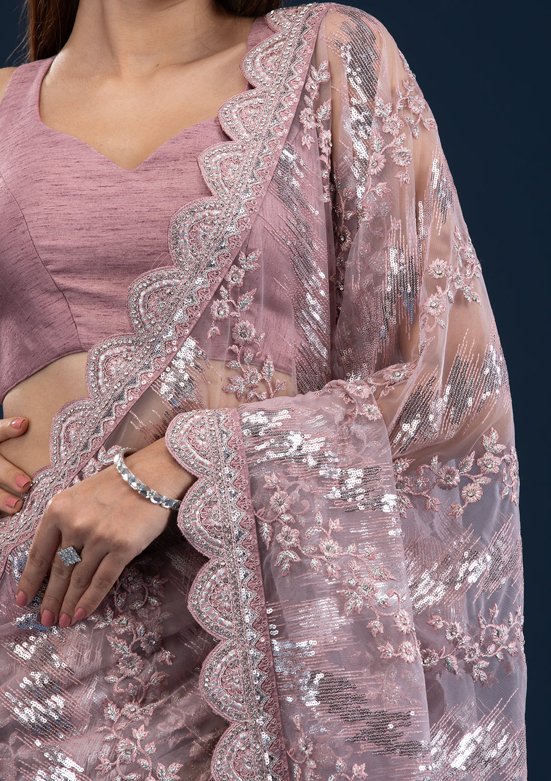 Onion Pink Sequins Net Saree