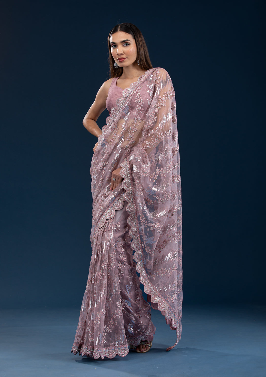 Onion Pink Sequins Net Saree
