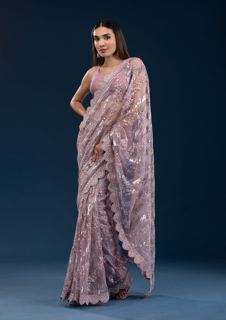 Onion Pink Sequins Net Saree