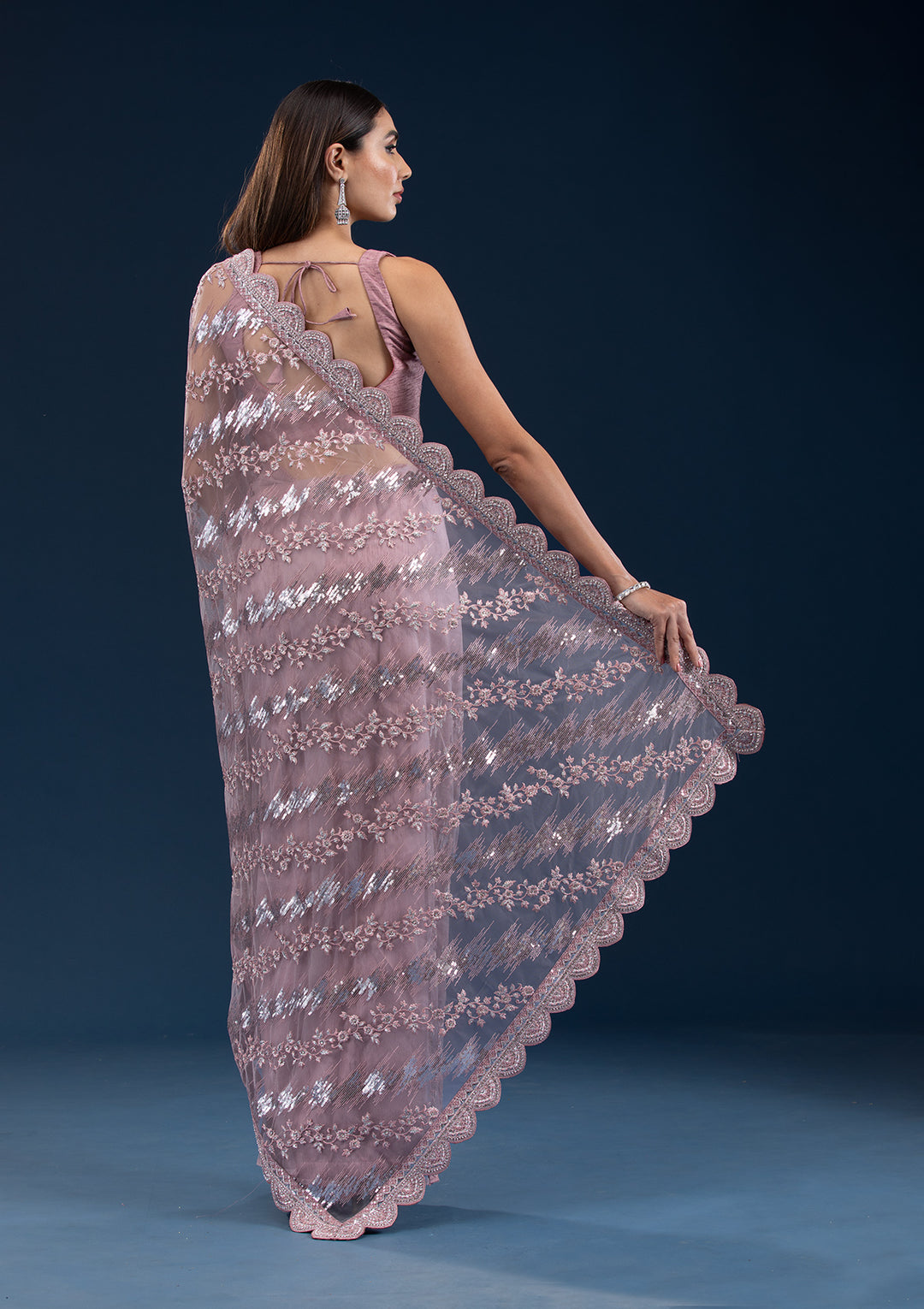 Onion Pink Sequins Net Saree