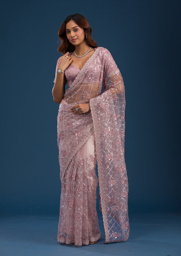 Onion Pink Sequins Net Saree
