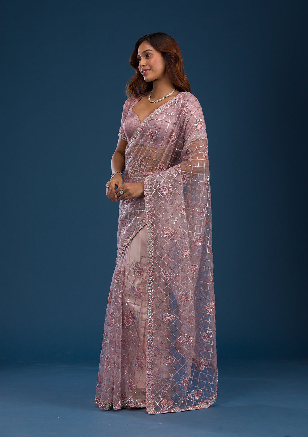 Onion Pink Sequins Net Saree