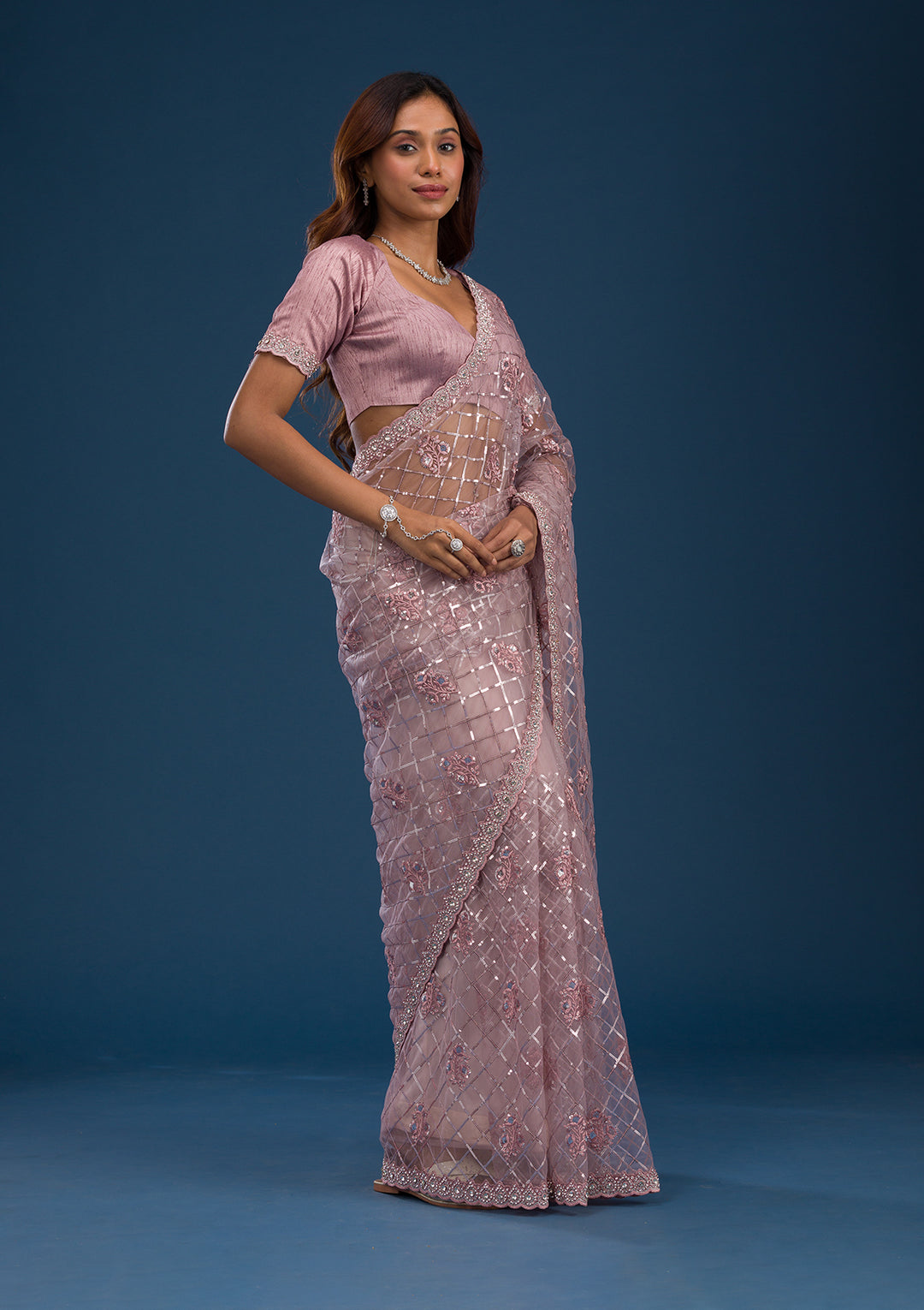 Onion Pink Sequins Net Saree
