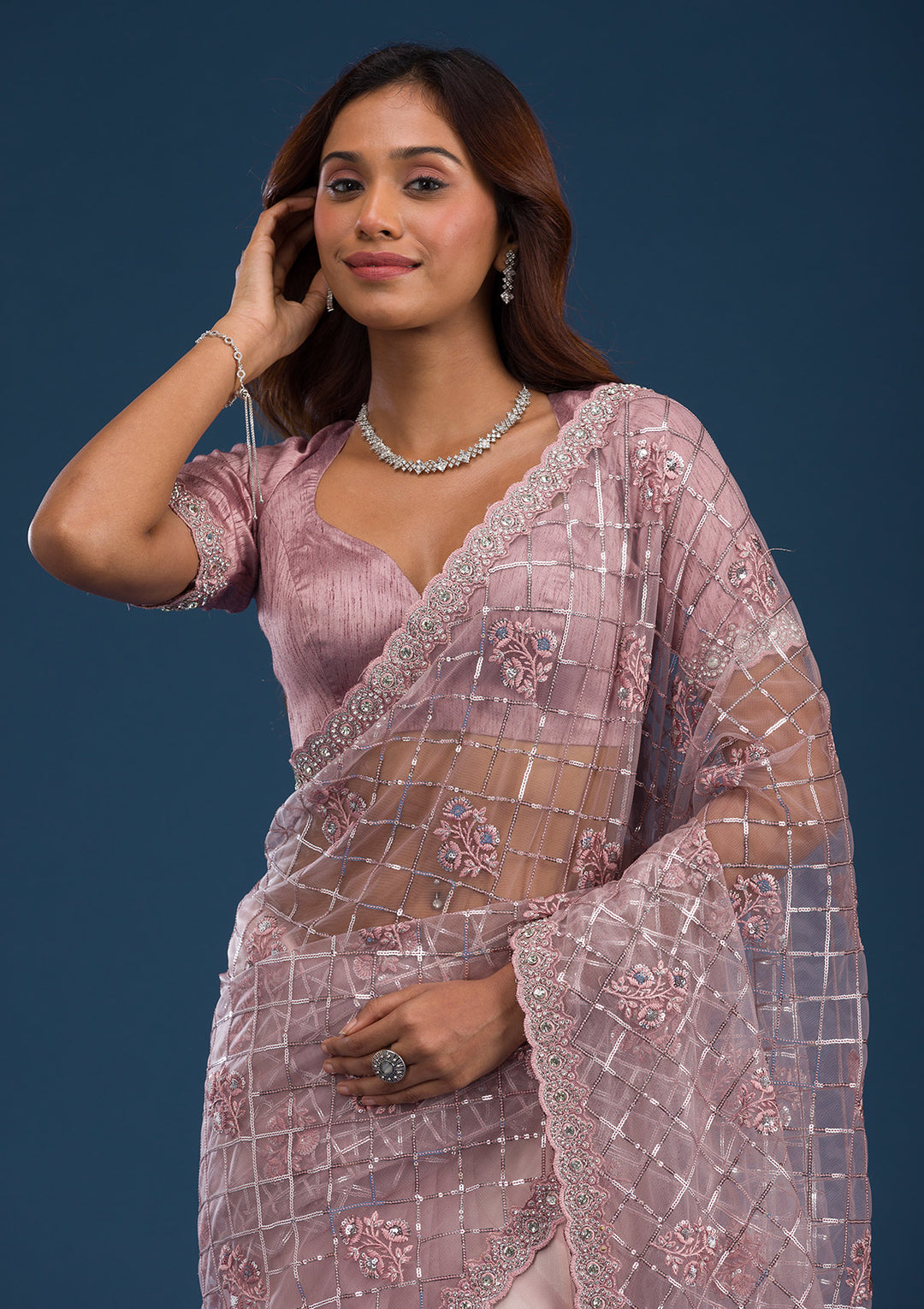 Onion Pink Sequins Net Saree