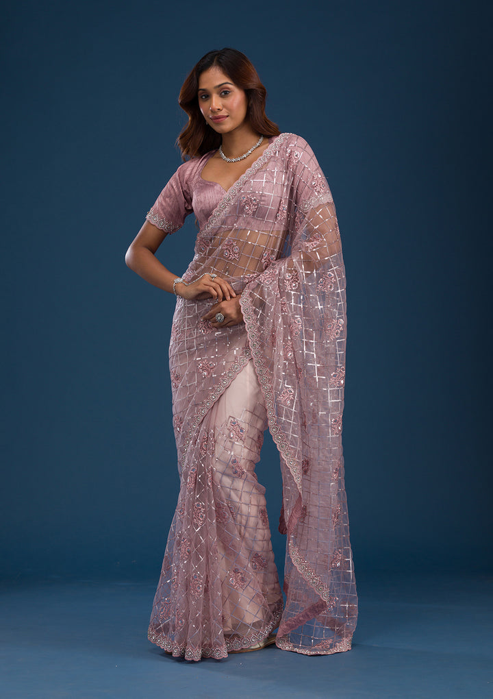 Onion Pink Sequins Net Saree