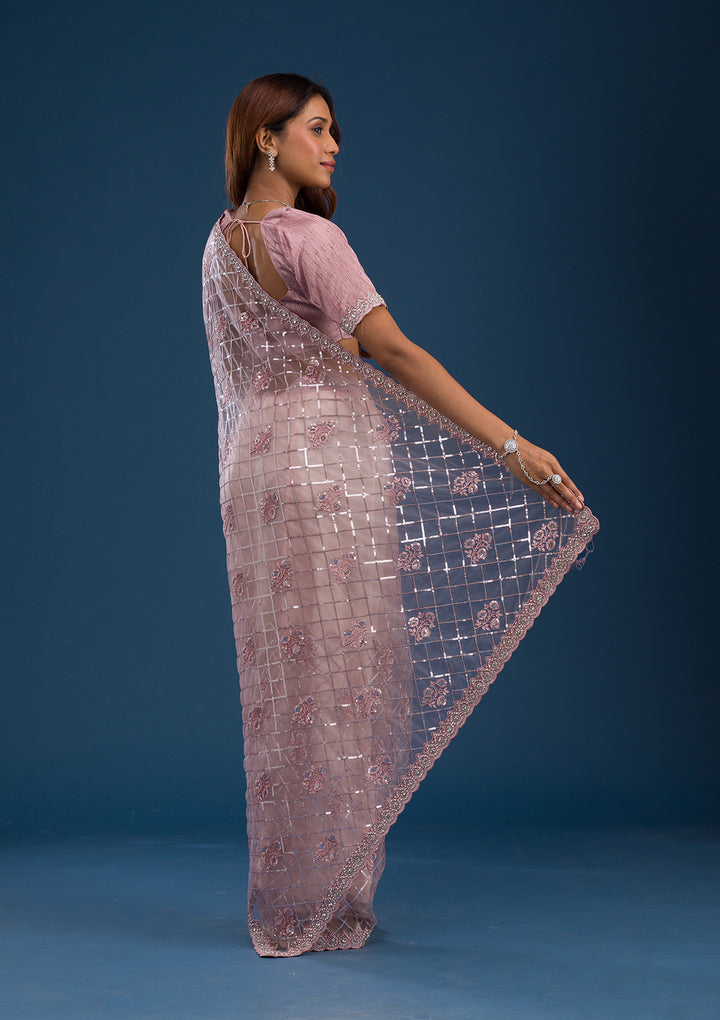 Onion Pink Sequins Net Saree