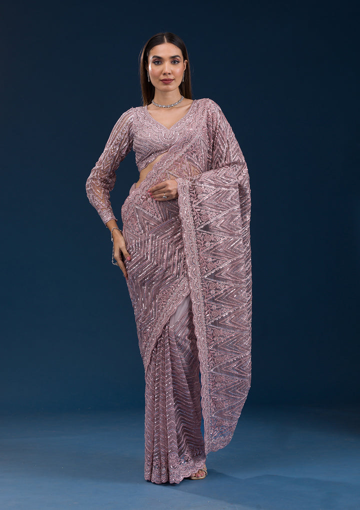 Onion Pink Sequins Net Saree