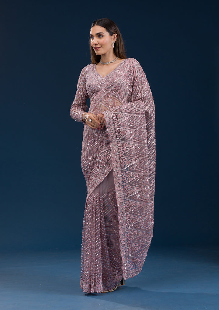 Onion Pink Sequins Net Saree