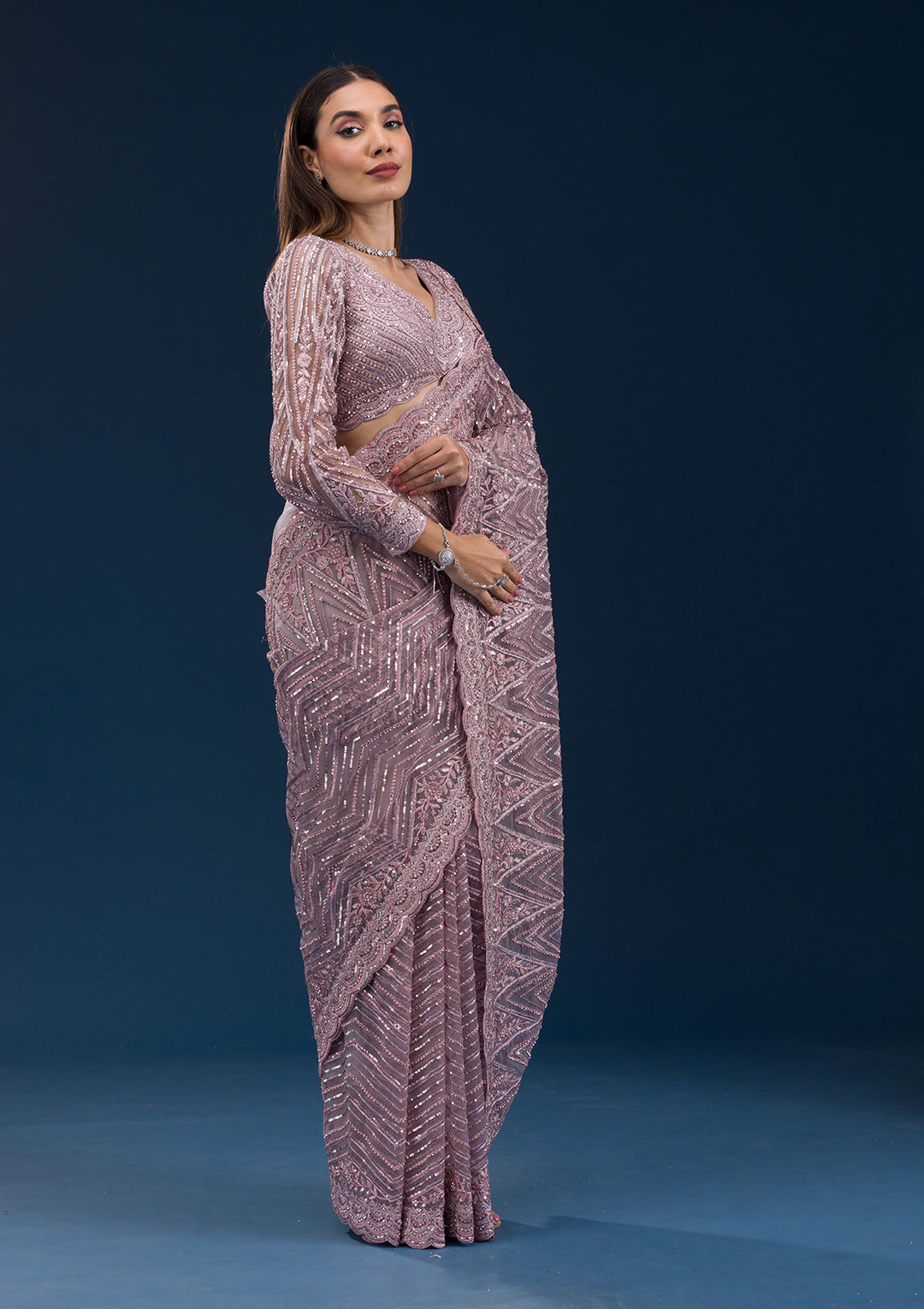 Onion Pink Sequins Net Saree
