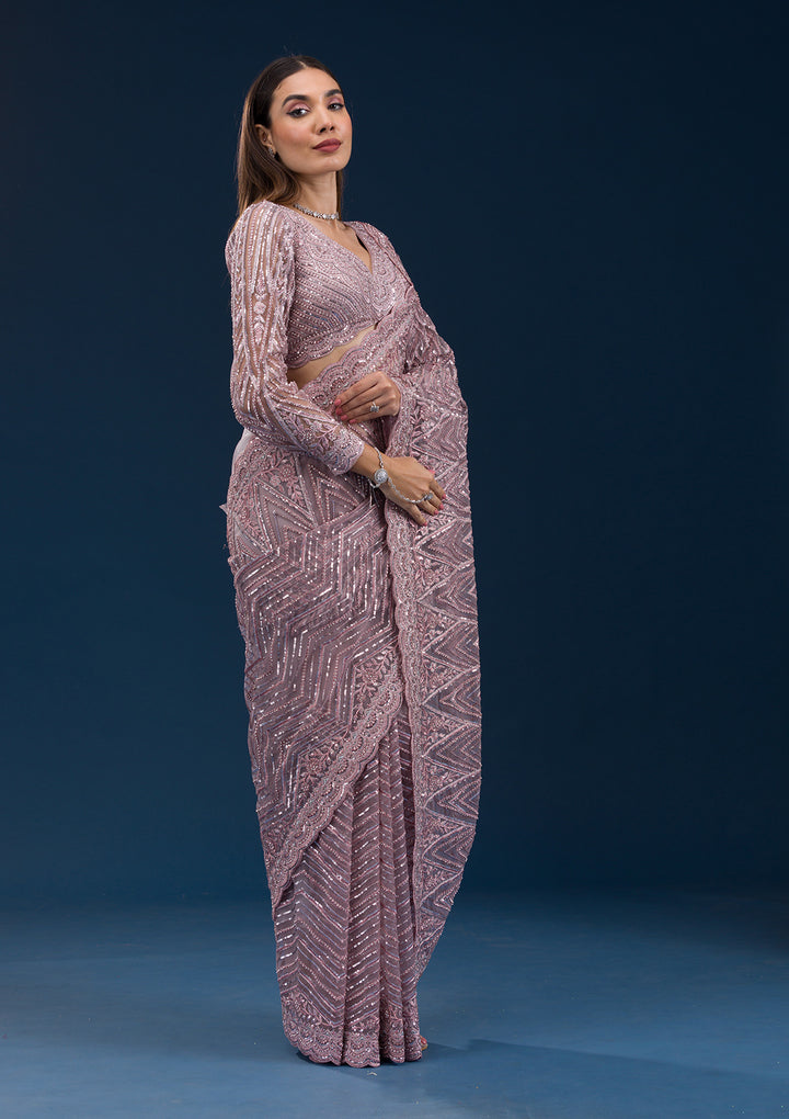 Onion Pink Sequins Net Saree