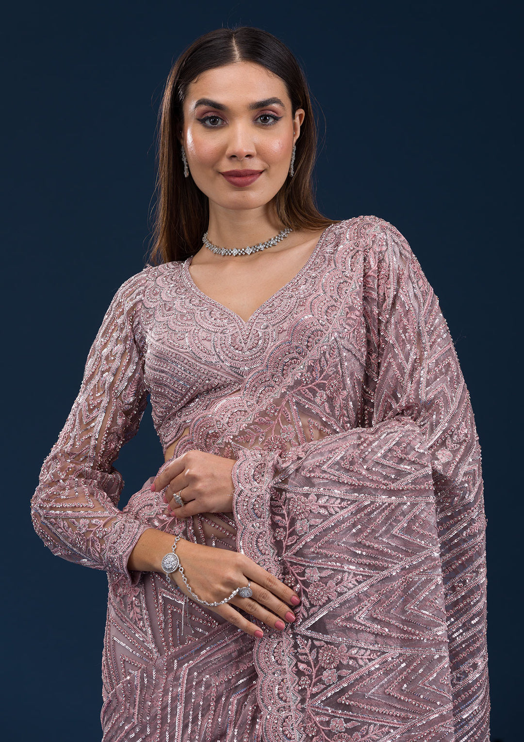 Onion Pink Sequins Net Saree