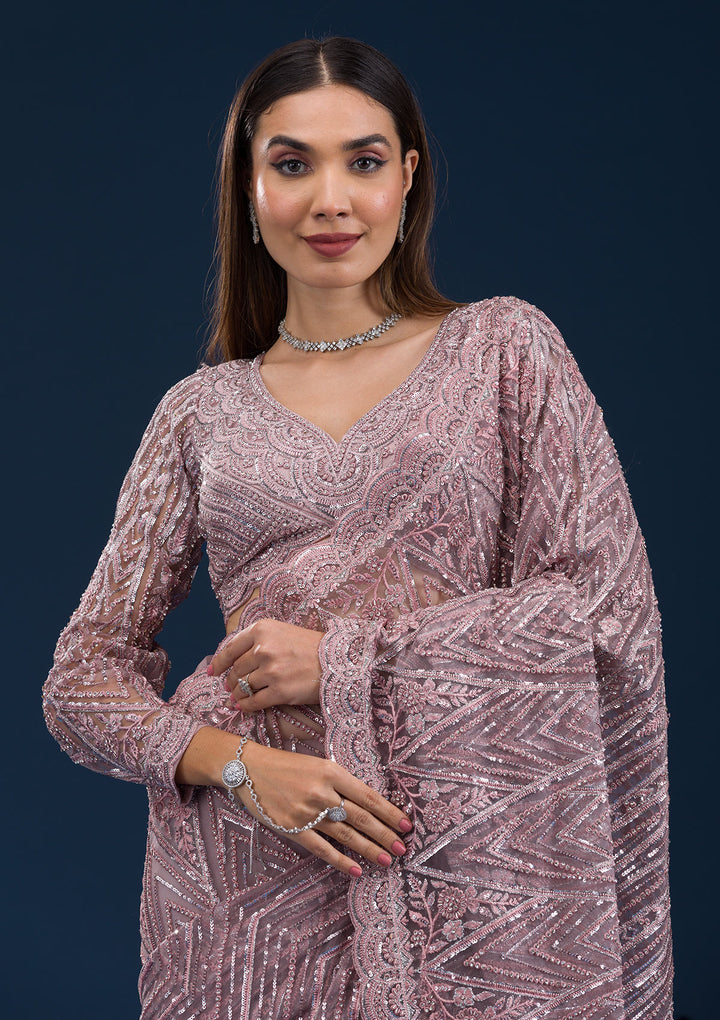 Onion Pink Sequins Net Saree