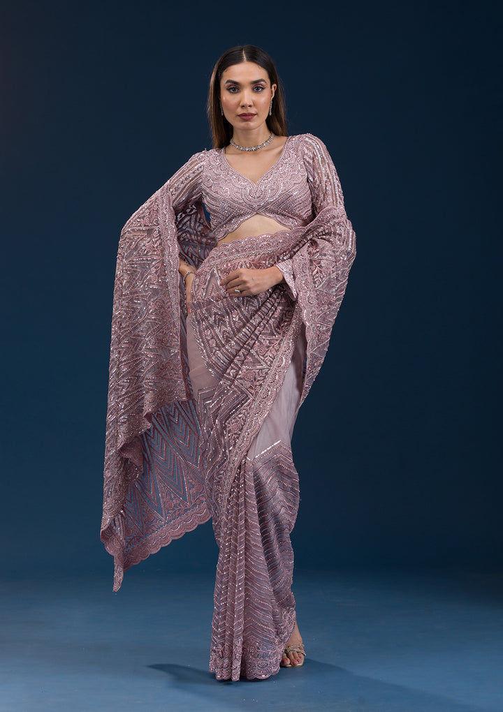 Onion Pink Sequins Net Saree