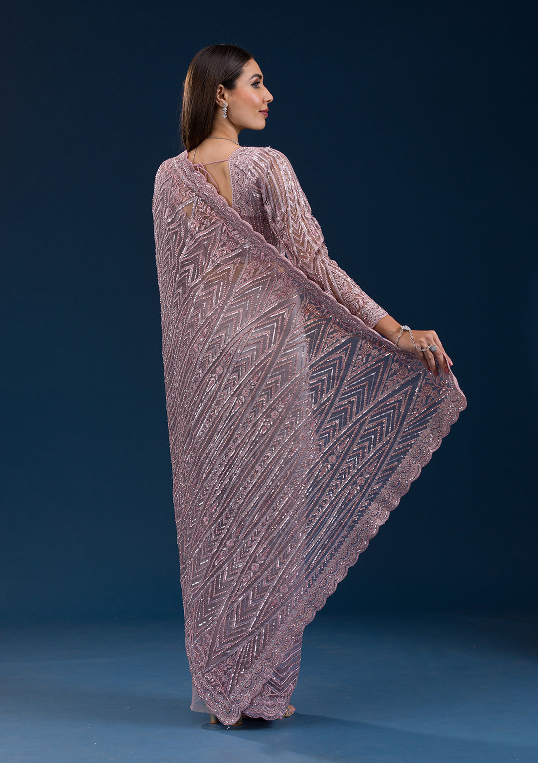 Onion Pink Sequins Net Saree