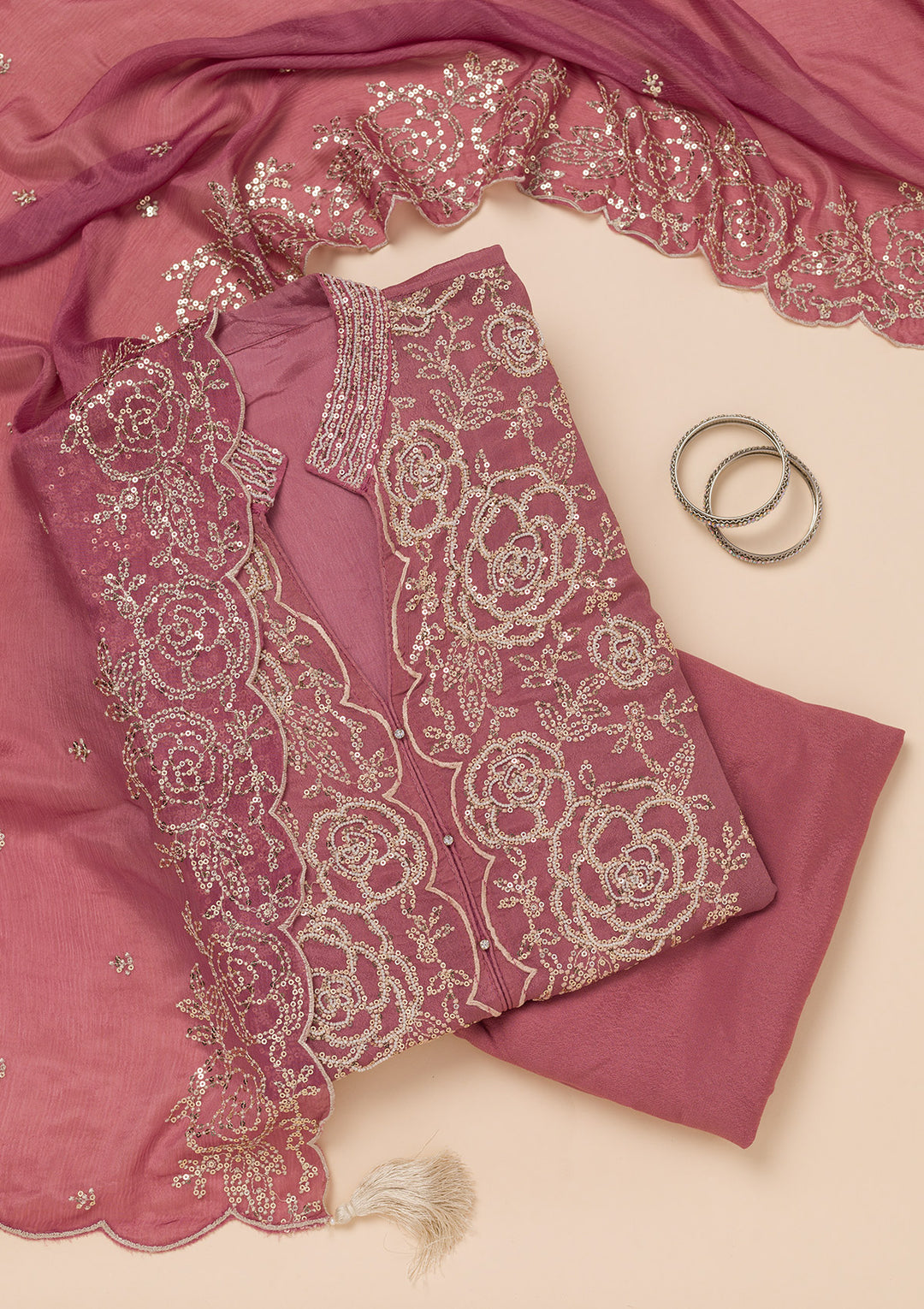 Onion Pink Sequins Semi Crepe Unstitched Salwar Suit