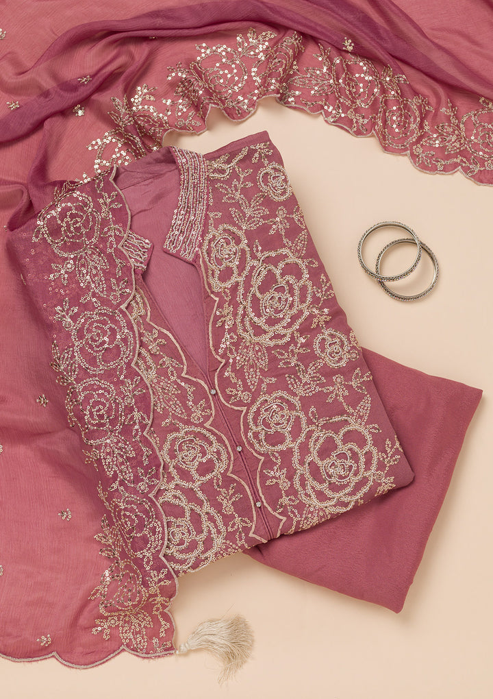 Onion Pink Sequins Semi Crepe Unstitched Salwar Suit