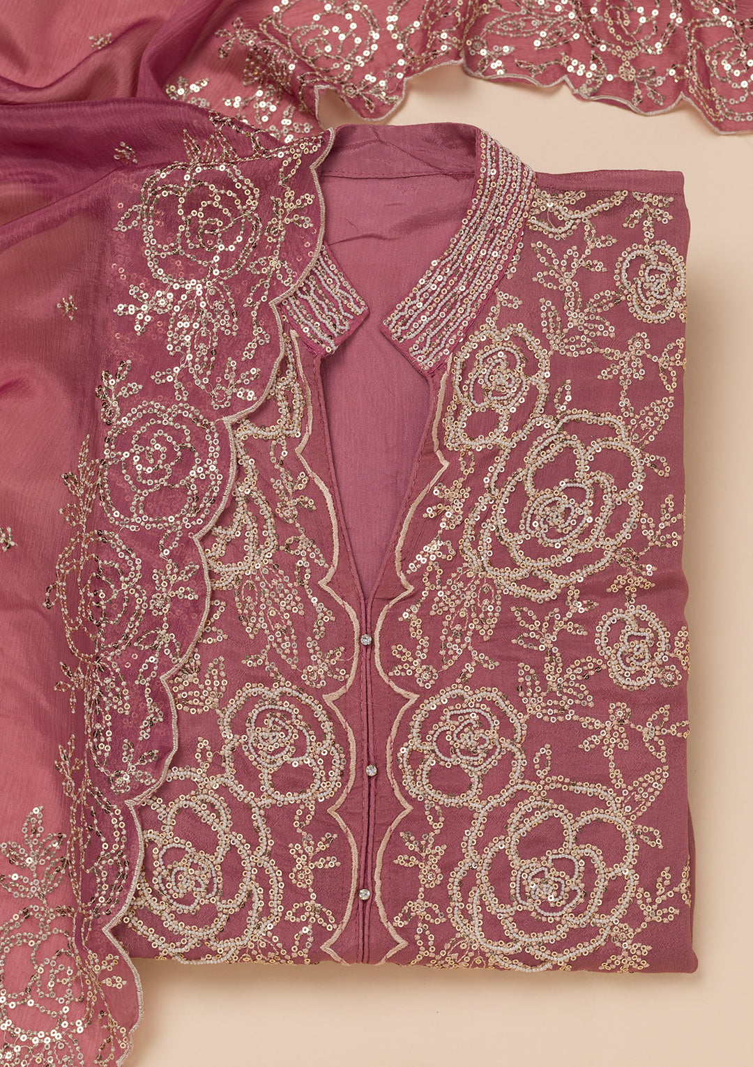 Onion Pink Sequins Semi Crepe Unstitched Salwar Suit